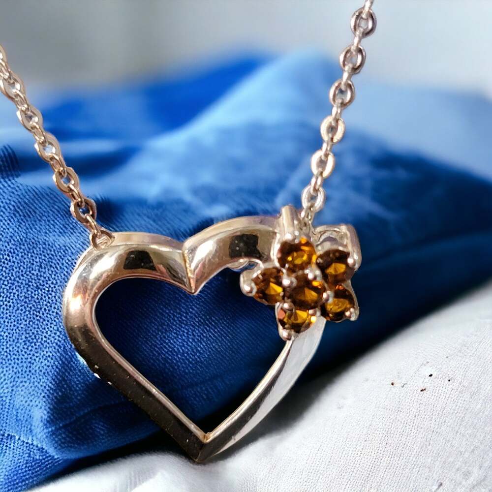 Smoky Quartz Heart Pendant Necklace 26 Inch Silver Plated Chain Brown Stone